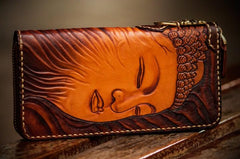 Handmade Leather Mens Tooled Buddha&Demon Chain Biker Wallet Cool Leather Wallet Long Clutch Wallets for Men