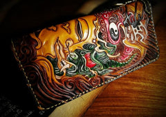 Handmade Leather Mens Tooled Buddha&Demon Chain Biker Wallet Cool Leather Wallet Long Clutch Wallets for Men