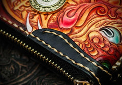Handmade Leather Tooled Carp Mens Chain Biker Wallet Cool Leather Wallet Long Phone Wallets for Men