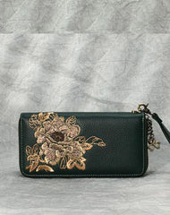 Peony Embroidery Green Leather Peony Wristlet Wallet Womens Zip Around Wallets Flowers Peony Ladies Zipper Clutch Wallet for Women
