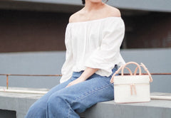 Cute Leather White Womens Mini Box Purse Handbag Barrel Shoulder Bag for Women