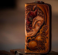 Handmade Mens Long Leather Wallet Cool Buddha&Demon Tooled Wallet Long Zipper Wallets for Men