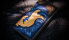 Handmade Leather Men Tooled Carp Cool Leather Biker Wallets Long Wallets for Men