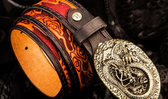 Handmade Leather Tooled Chinese Dragon Mens Belt Custom Cool Leather Men Belts for Men