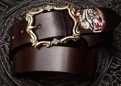Handmade Genuine Leather Mens Tooled Tiger Belt Custom Cool Leather Men Black Belt for Men