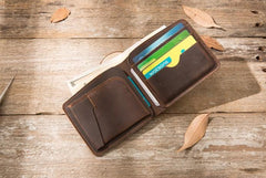 Coffee Cool Leather Mens Small Wallet Bifold Vintage Slim billfold Wallet for Men