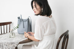 Stylish Leather Blue Womens Bucket Purse Crossbody Bag Barrel Shoulder Bag for Women