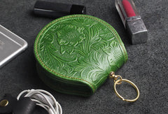 Handmade makeup leather round change coin wallet flowral leather billfold wallet for men women