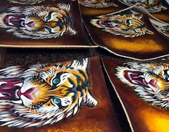 Handmade Leather Tiger Tooled Mens Chain Biker Wallet Cool Leather Wallet Long Phone Wallets for Men