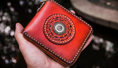 Handmade Leather Small Tibetan Tooled Mens billfold Wallet Cool Chain Wallet Biker Wallet for Men