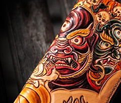 Handmade Leather Tooled Mahākāla Mens Zipper Long Wallet Cool Leather Wristlet Wallet for Men