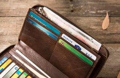 Cool Leather Mens Coffee Long Zipper Clutch Wallet Long Wallet for Men