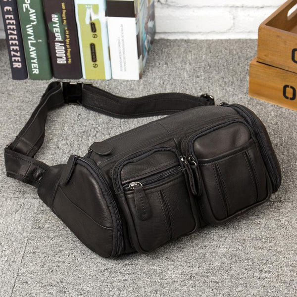 Black Leather Mens Fanny Pack Waist Bag Hip Pack Belt Bag Bumbag for Men MSG02881015