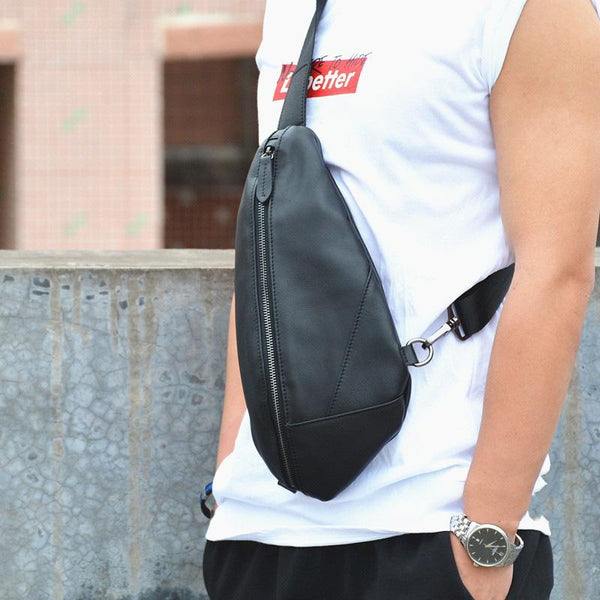 Cool Black Mens Leather One Shoulder Backpack Chest Bag Sling Bag Sling Crossbod FY01792140