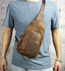 Cool Brown Mens Leather One Shoulder Backpack Chest Bag Sling Bags For Men