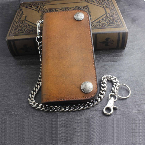 mens wallet with chain​ Handmade Tooled Leather Floral Biker Chain Wallet 