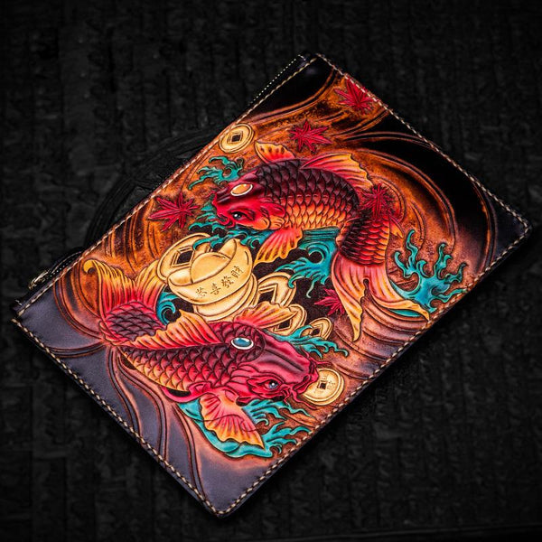 Handmade Leather Carp Tooled Wristlet Bag iPad Bag Mens Cool Leather Wallet Long Clutch for Men