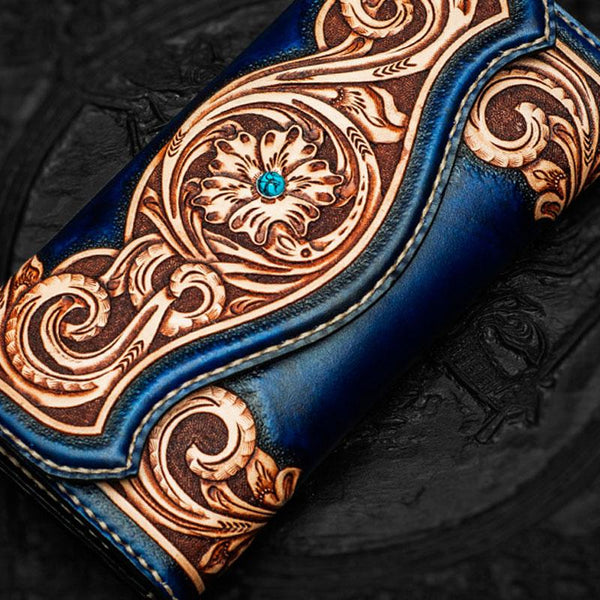 Handmade Leather Men Tooled Blue Floral Cool Leather Wallet Long Phone Clutch Wa CJ06881215