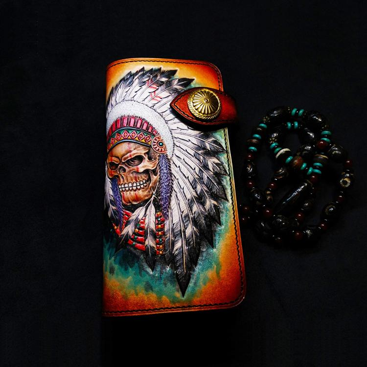 Handmade Leather Skull Indian Mens Chain Wallet Biker Wallet Cool Leather Wallet Long Tooled Wallets for Men