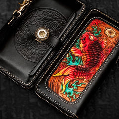 Handmade Leather Tooled Carp Chain Wallet Mens Biker Wallet Cool Leather Wallet Long Phone Wallets for Men