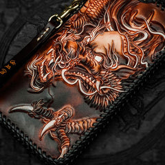 Handmade Leather Tooled Chinese Dragon Chain Wallet Mens Biker Wallet Cool Leather Wallets Long  Wallet for Men