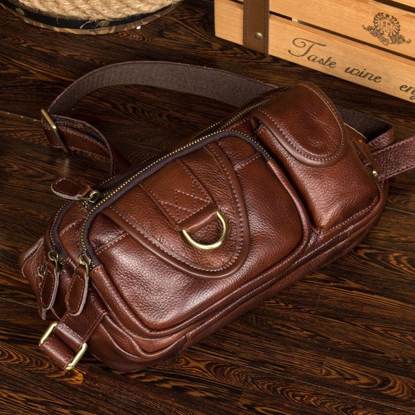 Brown Mens Leather Fanny Pack Waist Bag Hip Pack Black Belt Bag Bumbag for Men MSG02681014