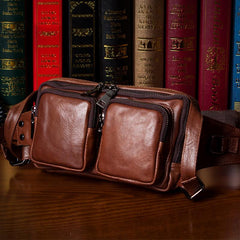 Cool Mens Brown Leather Fanny Pack Waist Bag Hip Pack Black Belt Bag Bumbag for Men