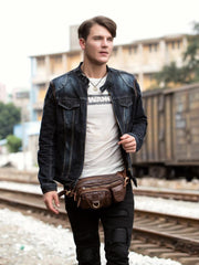 Brown Mens Leather Fanny Pack Waist Bag Hip Pack Black Belt Bag Bumbag for Men