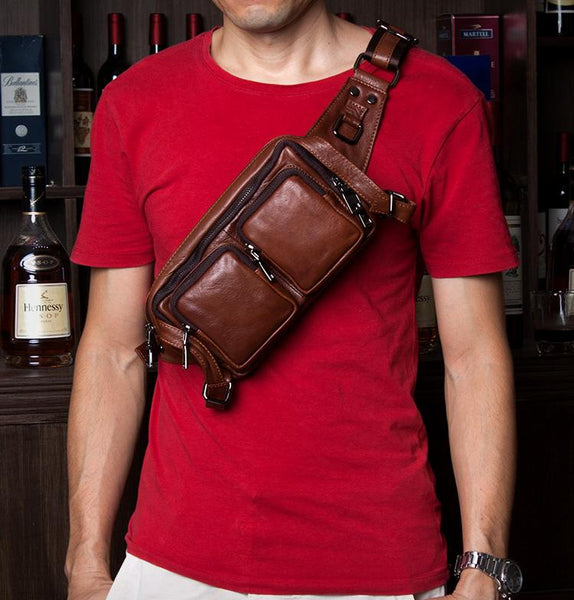 Cool Mens Brown Leather Fanny Pack Waist Bag Hip Pack Black Belt Bag Bumbag for MT02281014