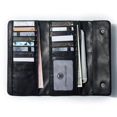 Leather Long Wallets for Men Trifold Black Men Long Wallet