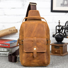 Cool Brown Leather Mens Cool Crossbody Pack Sling Bag Tan Leather Chest Bag for men