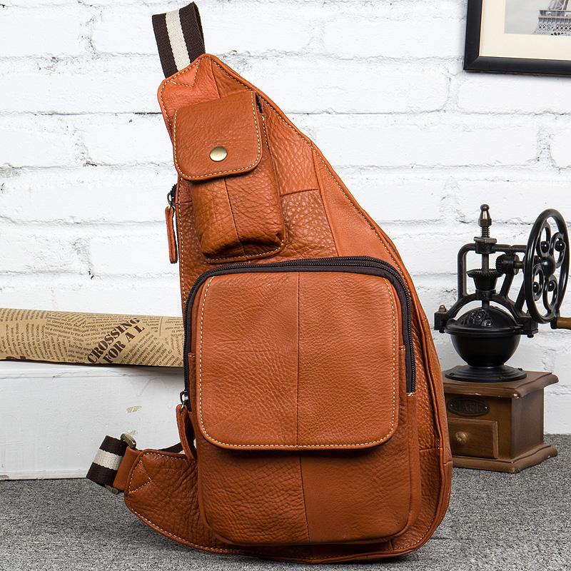 Vintage Brown Leather Mens Cool Chest Bag Sling Bag Tan Crossbody Pack for men