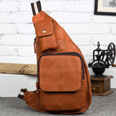 Vintage Brown Leather Mens Cool Chest Bag Sling Bag Tan Crossbody Pack for men