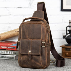 Cool Brown Leather Mens Cool Crossbody Pack Sling Bag Tan Leather Chest Bag for men