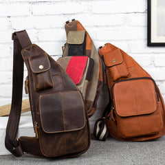 Vintage Brown Leather Mens Cool Chest Bag Sling Bag Tan Crossbody Pack for men