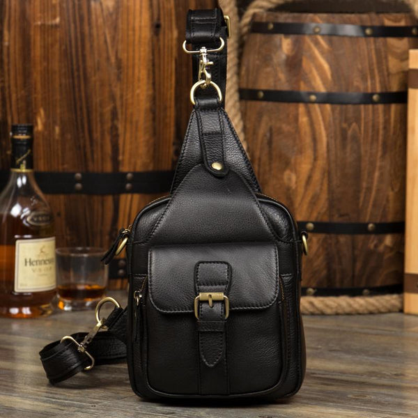 Cool Black Leather Mens Sling Bag Black - Back View