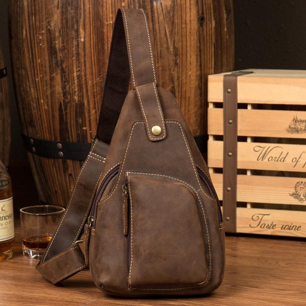Vintage Brown Leather Mens Sling Bag Crossbody - Back View