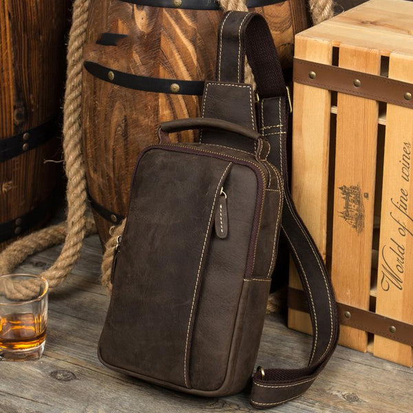 Cool Brown Leather Mens Cool Sling Bag - Back View