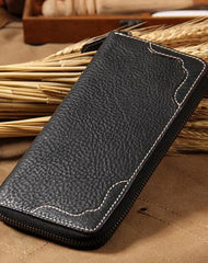 Handmade Cool Leather Black Mens Long Wallet Vintage Zipper Long Wallet for Men