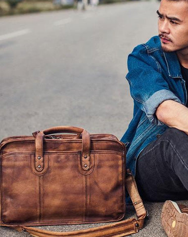 Vintage Leather Brown Mens Cool Large Briefcase Shoulder Bag Travel Bag for men