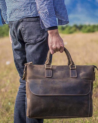 Vintage Leather Mens Coffee Briefcase Shoulder Bag Work Bag Laptop Bag Business Bag for Men