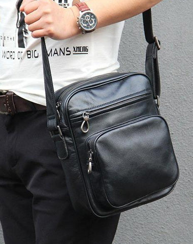 Leather Mens Cool Black Messenger Bag Shoulder Bag Crossbody Bag for Men