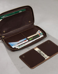 Coffee Leather Mens Zipper Long Wallet Passport Wallet Clutch Wallets for Men