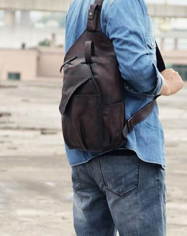 Cool Vintage Leather Coffee Mens Sling Bag Shoulder Bag Chest Bag for Men
