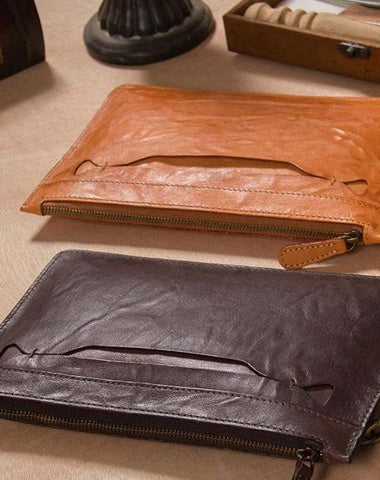 Long Leather Mens Clutch Wallet Wristlet Wallet Vintage Zipper Clutch for Men