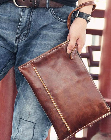 Handmade Leather Mens Brown Clutch Vintage Wristlet Wallet Clutch Wallet for Men