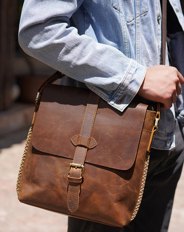 Cool Leather Mens Messenger Bags Shoulder Bag Vintage Crossbody Bags for Men