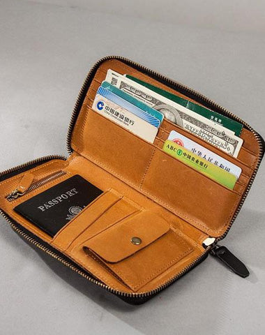 Leather Men Zipper Travel Wallets Passport Wallets Bifold Long Wallets for Men