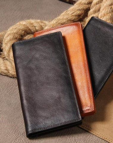 Cool Leather Mens Long Wallet Bifold Slim Long Wallet for Men