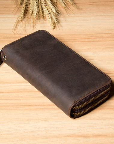 Vintage Leather Mens Clutch Wallet Double Zipper Clutch Wristlet Wallet for Men